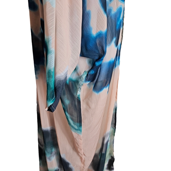 Suki So Goddess Tan Teal Tie Dye Kimono Robe OS Metallic Greek Key Coverup READ - Picture 7 of 15